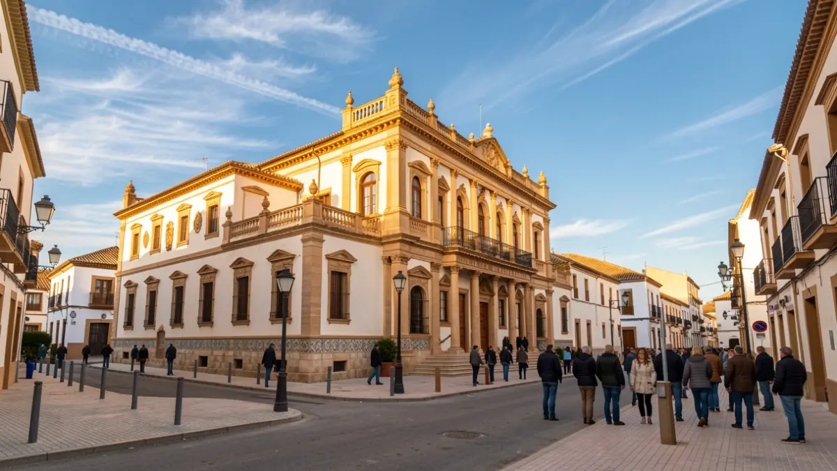 Facade of the Castillo-Palacio de los Ribera in Bornos, with urban renewal works in progress.