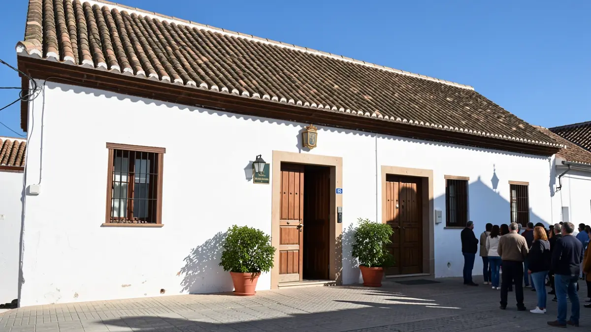 Facade of an Andalusian town hall with white walls and a tiled roof, under intense sunlight.