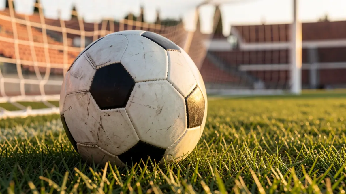Generic image of a soccer ball on grass with the goal blurred in the background.