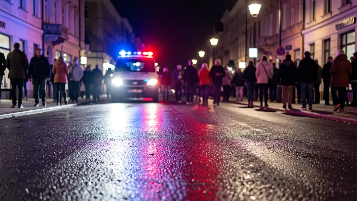 Generic image of police emergency lights reflecting on wet asphalt.