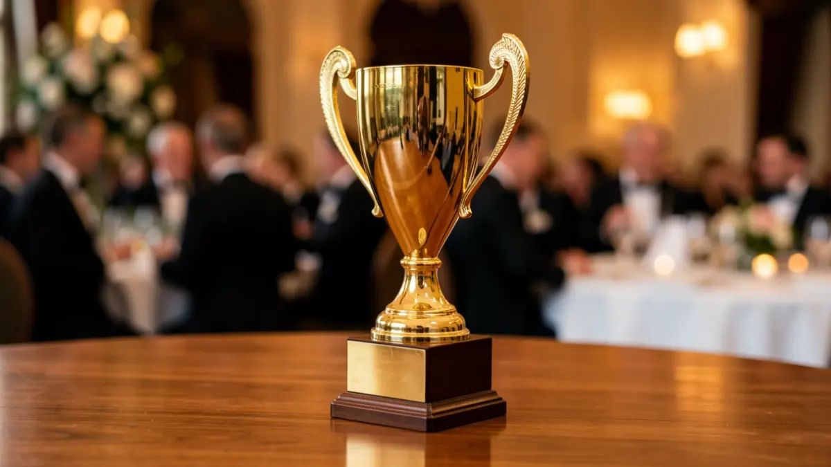 Image of a golden trophy at a sports awards gala.