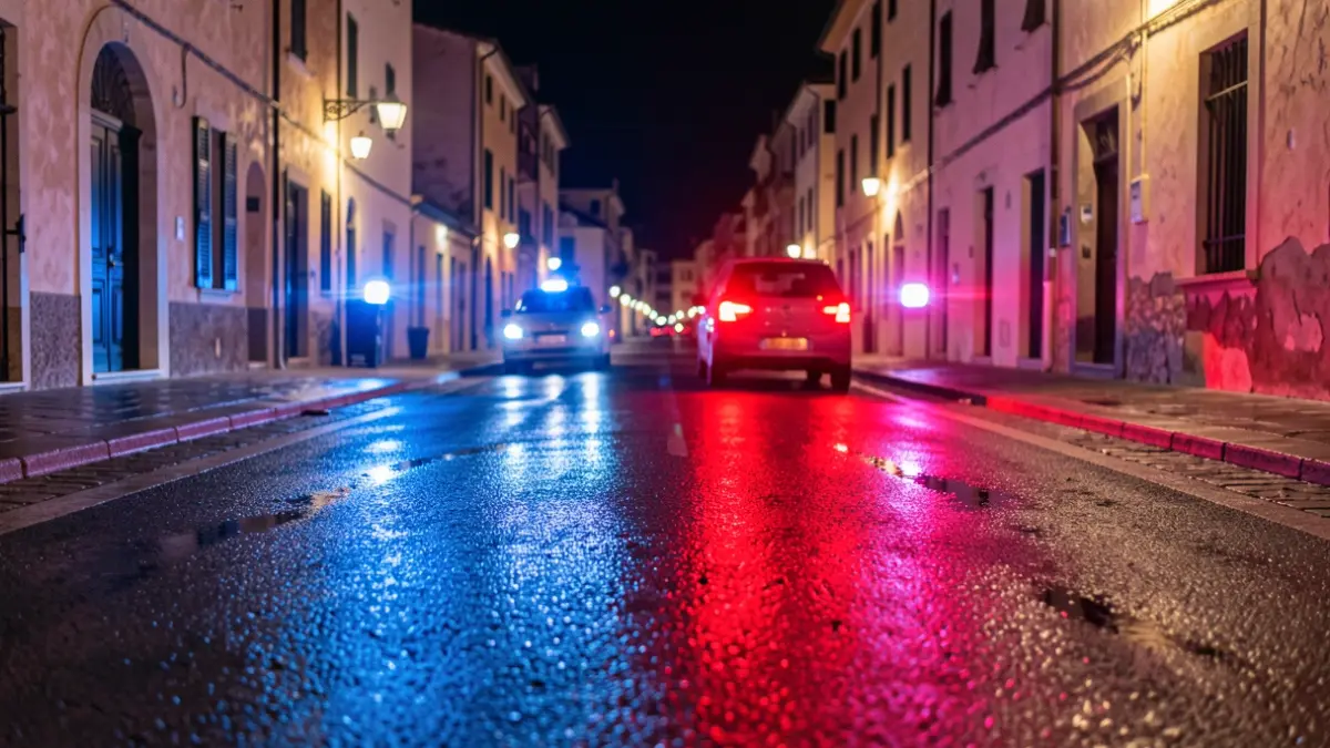 Imagen genérica de luces de emergencia policiales reflejándose en asfalto mojado por la noche.