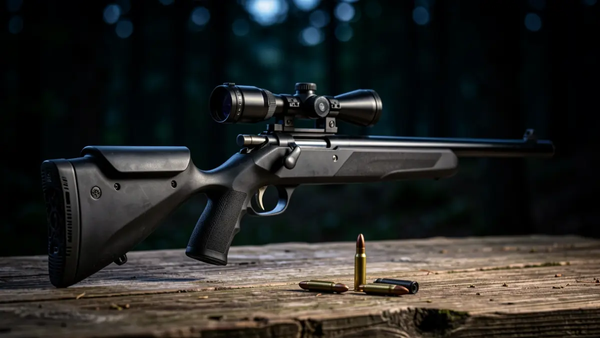Modified rifle and ammunition on a wooden surface, with a dark forest background and dramatic lighting.