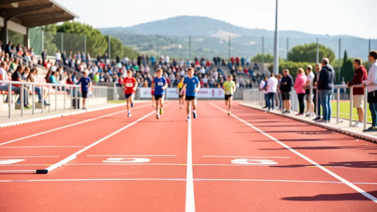 Pista de atletismo en La Nucía con atletas jóvenes desenfocados al fondo.