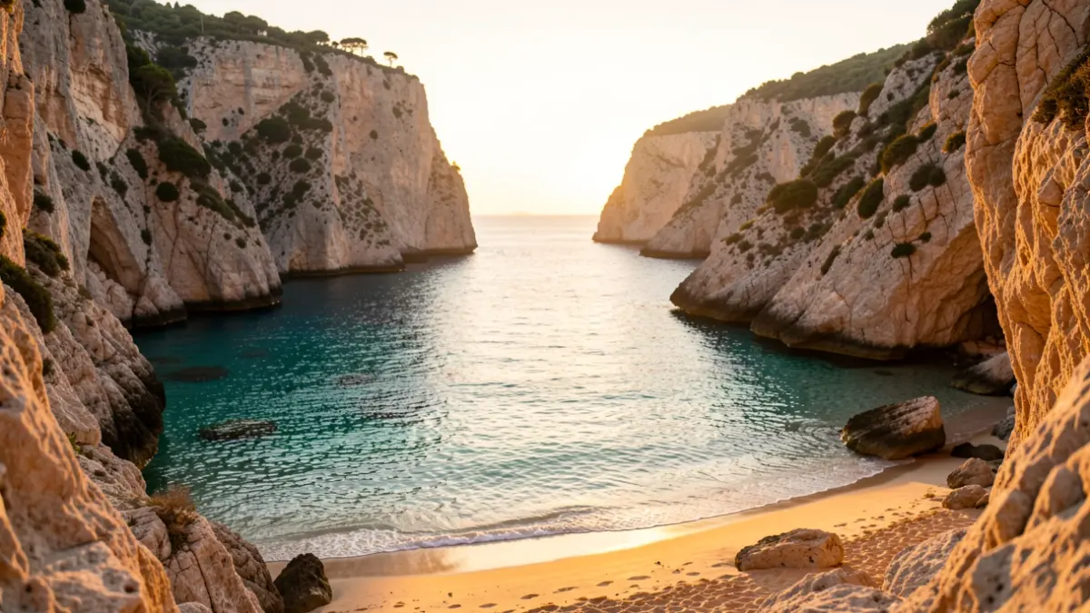 Generic image of a Mediterranean cove with calm waters and cliffs.