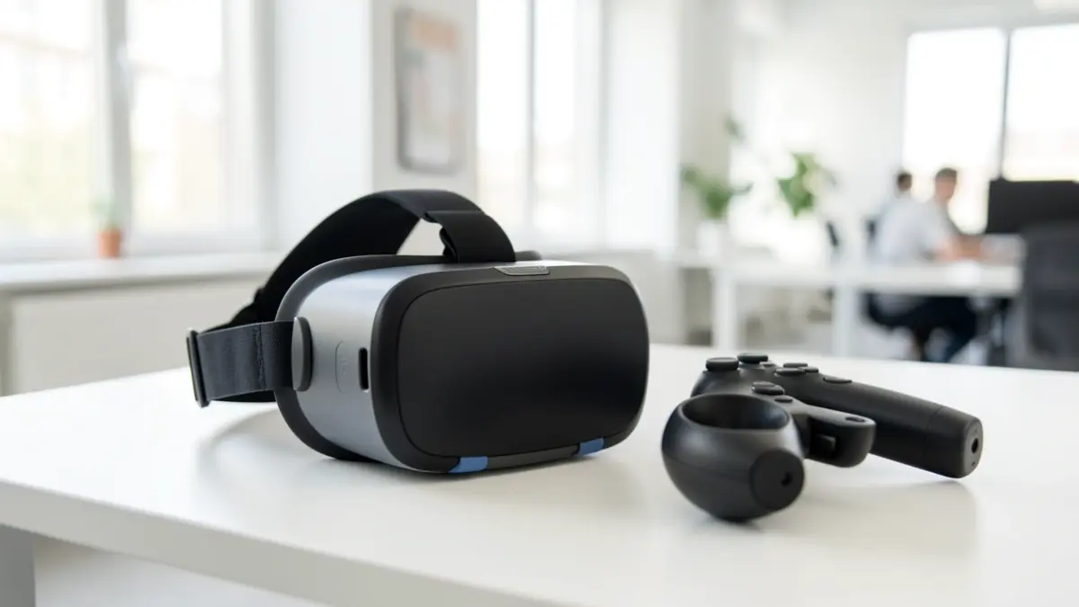 Generic image of a virtual reality headset on a desk.