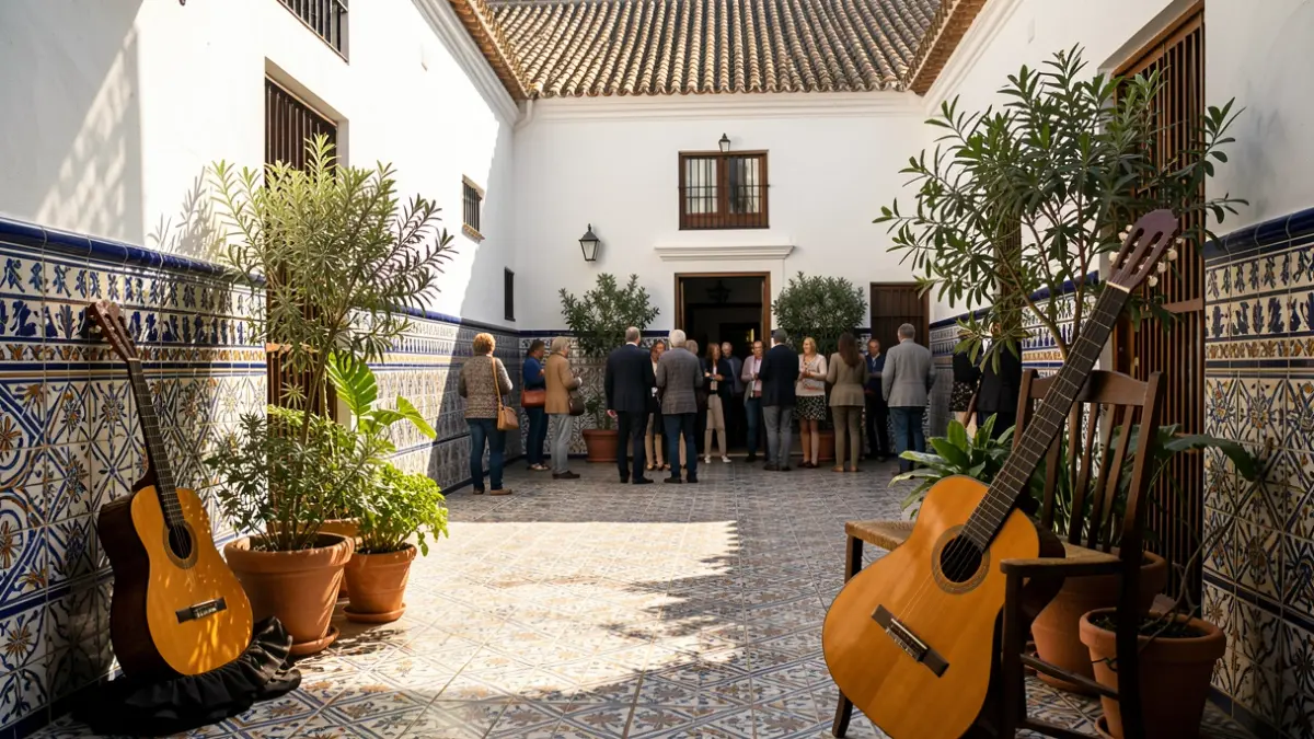 Traditional Andalusian courtyard with white walls, colorful tiles, and green plants. Warm sunlight.