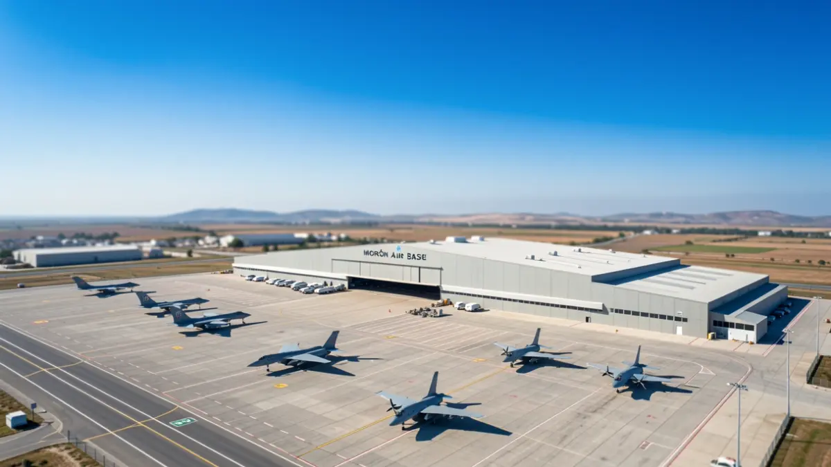 Aerial view of the Morón Air Base in Sevilla, Spain, with military aircraft on the tarmac.