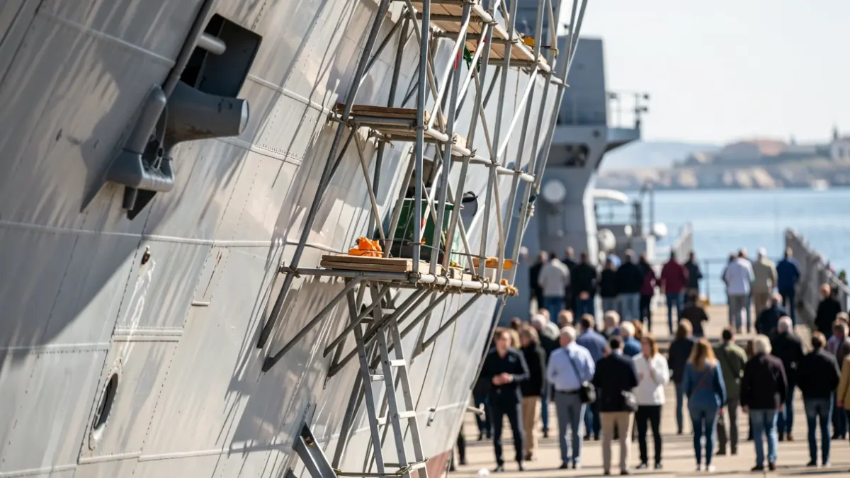 Primer plano del casco de un destructor naval con andamios de reparación, bajo el sol andaluz.