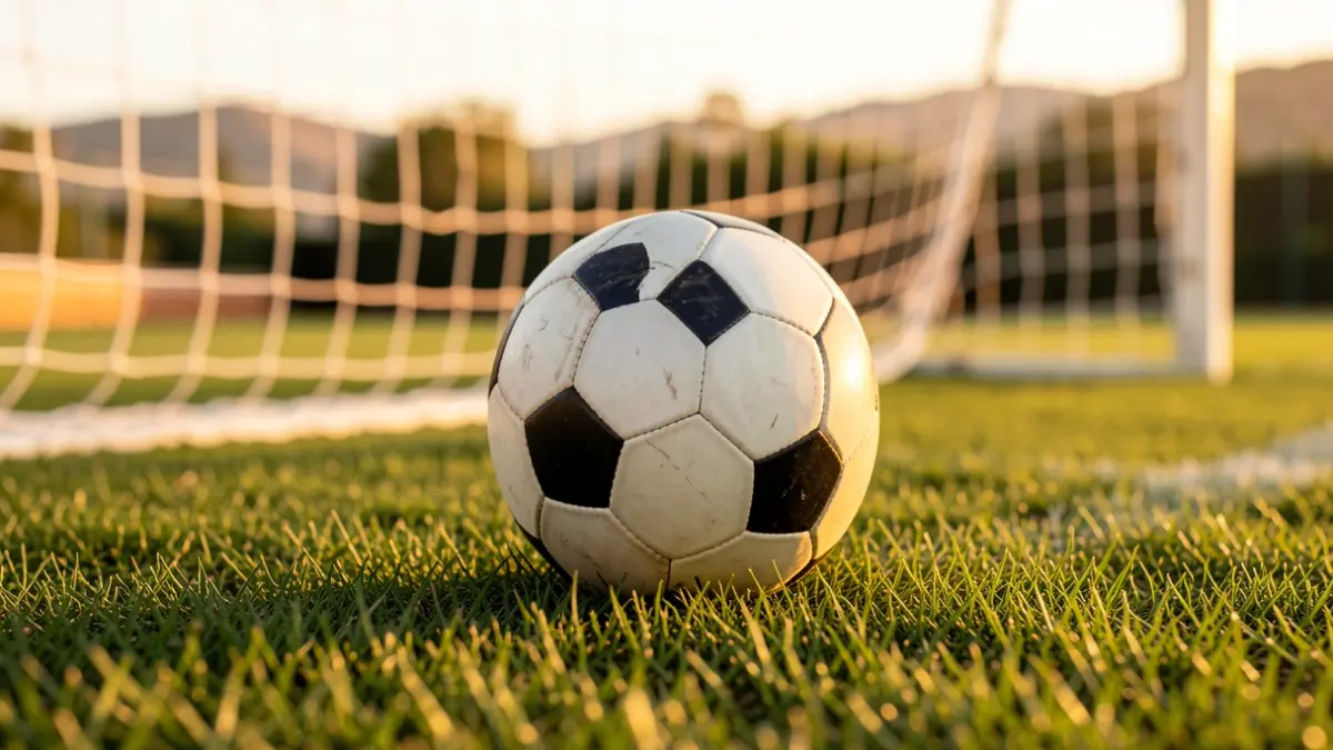 Generic image of a soccer ball on grass with the goal blurred in the background.