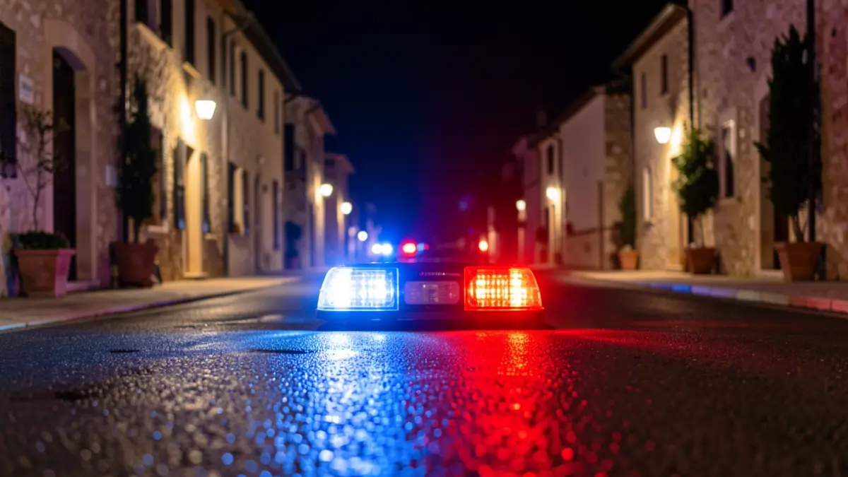 Generic image of police emergency lights reflected on asphalt.