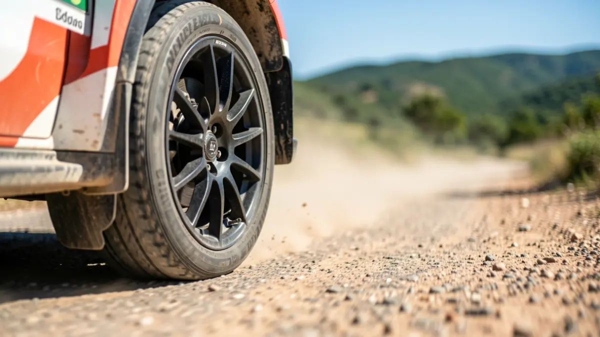 Close-up of a rally car's wheel on a dusty, winding asphalt road in a Mediterranean landscape.