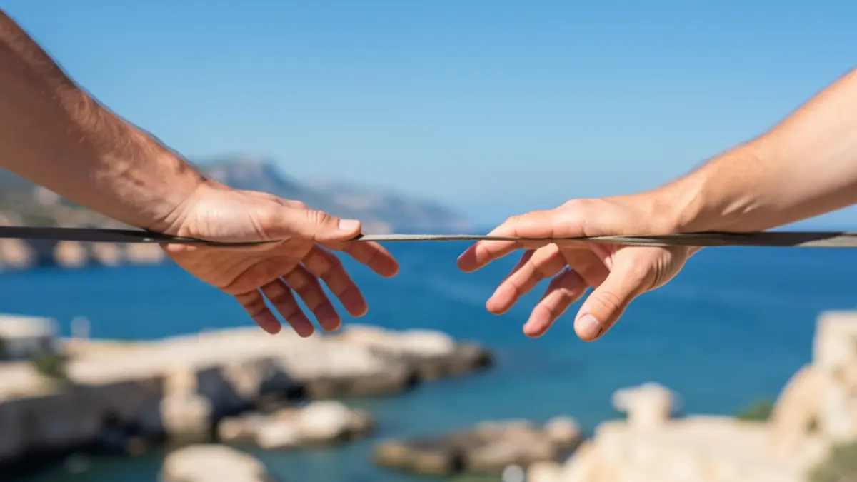 Symbolic image of border removal, with hands connecting.