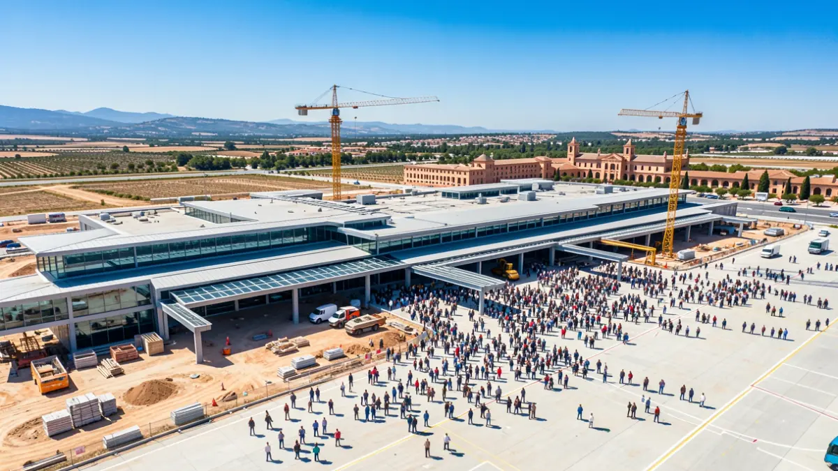 Aerial view of an airport undergoing expansion with construction work.