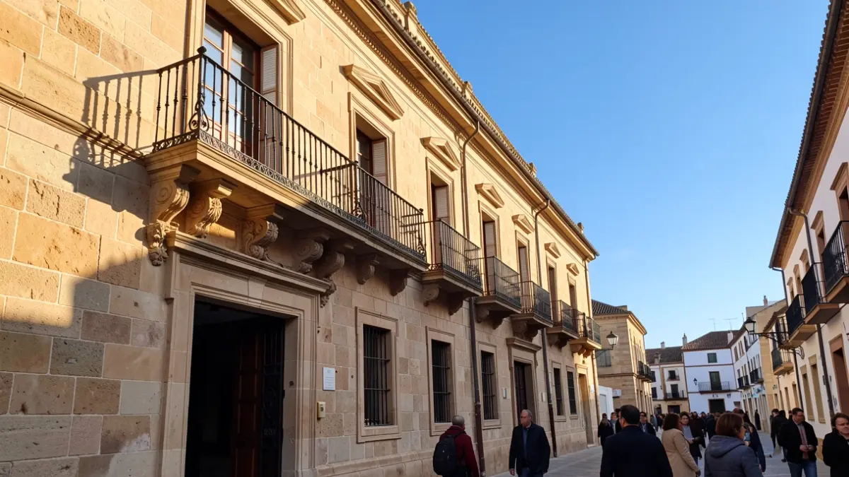 Facade of an Andalusian town hall with an iron balcony and afternoon light.