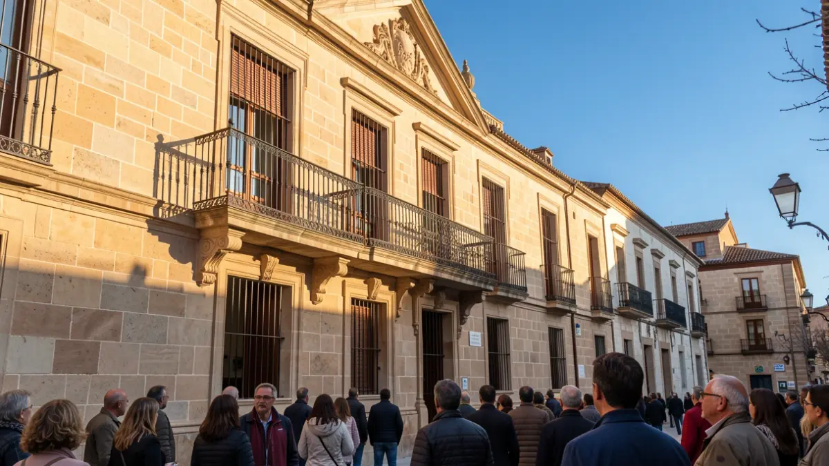 Fachada de un ayuntamiento andaluz con balcón y barandillas de hierro, luz cálida de la tarde.