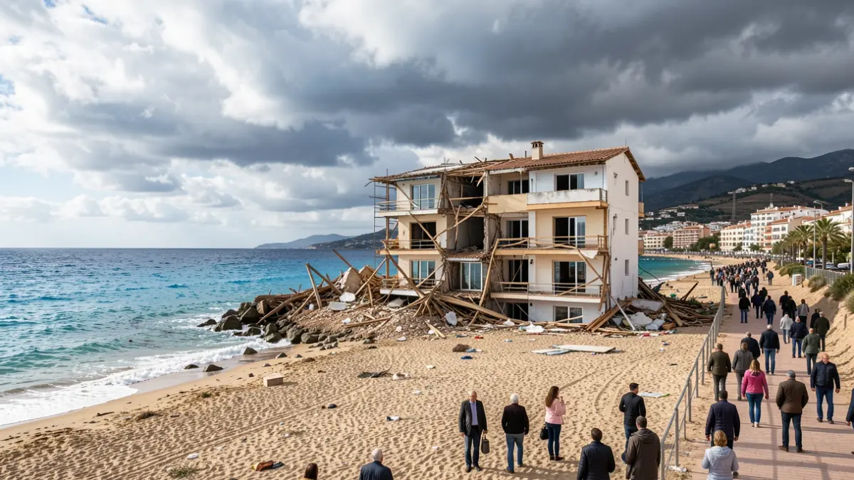 Half-built illegal hotel on El Algarrobico beach, Almería, with the Mediterranean Sea in the background.