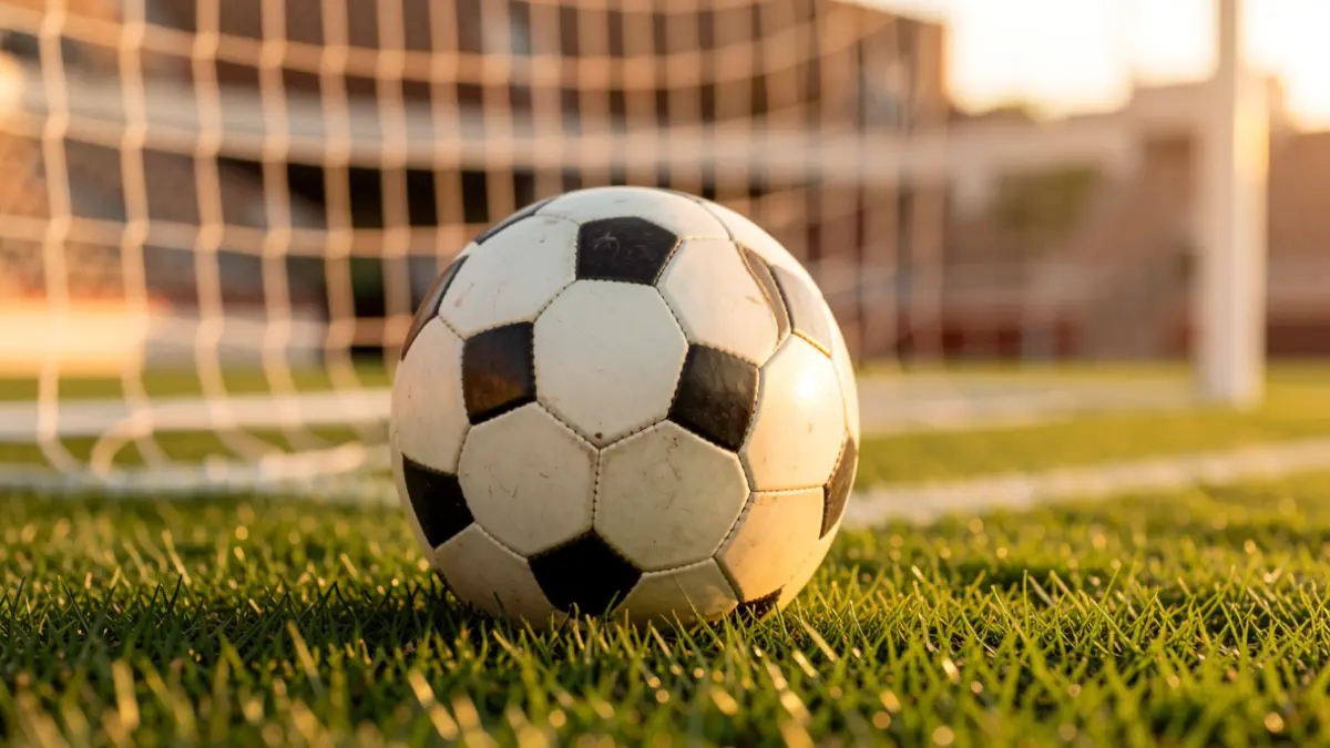 Imagen genérica de un balón de fútbol sobre el césped de un estadio al atardecer.