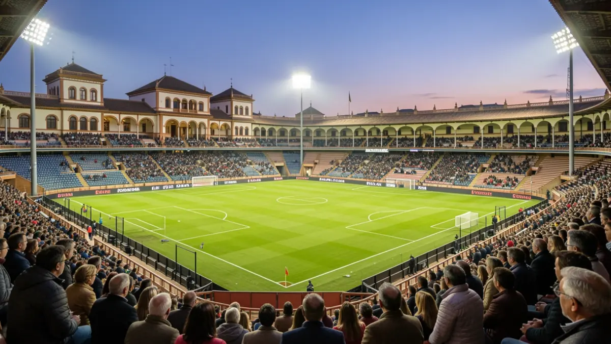 Generic image of a football stadium in Andalucía at dusk.