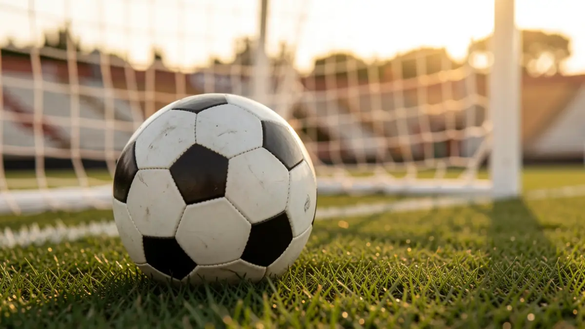 Generic image of a soccer ball on grass in a stadium.