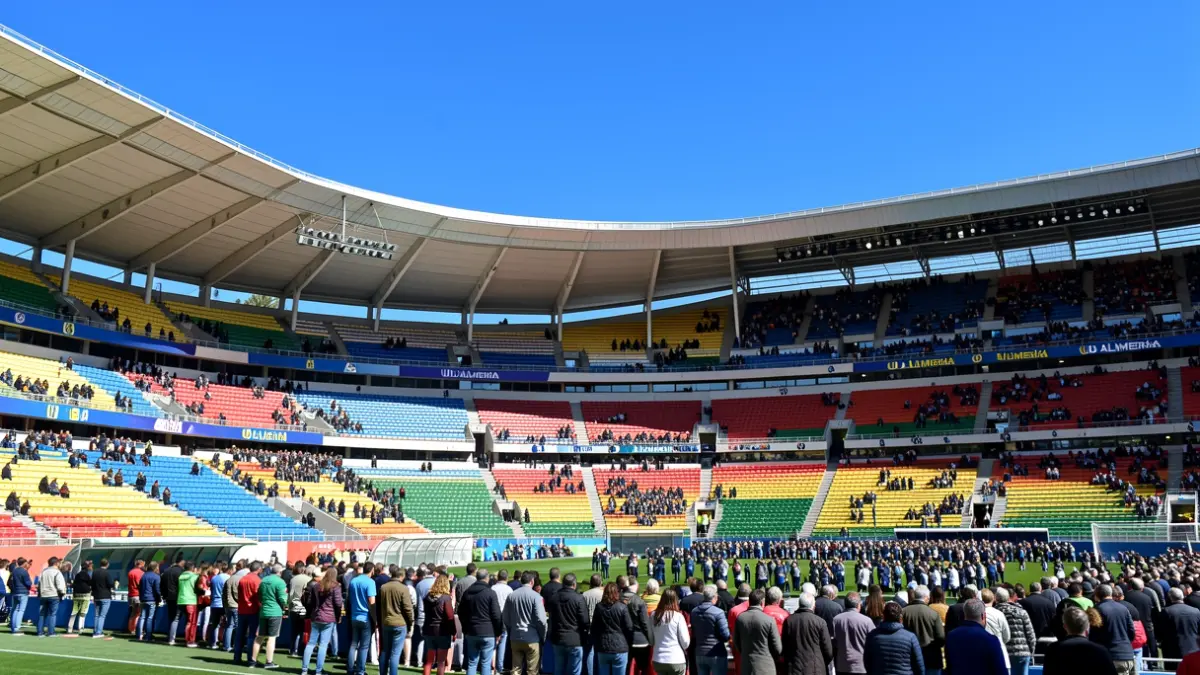 Generic image of an empty football stadium with Almería's colors.