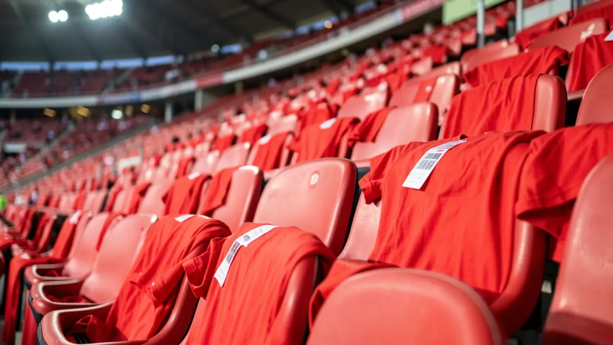 Generic image of stadium seats with red t-shirts prepared for a match.