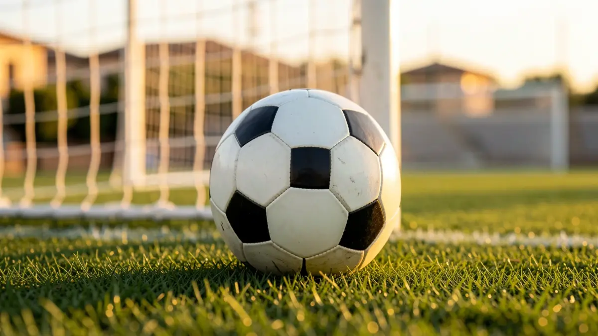 Generic image of a soccer ball on grass with the goal blurred in the background.