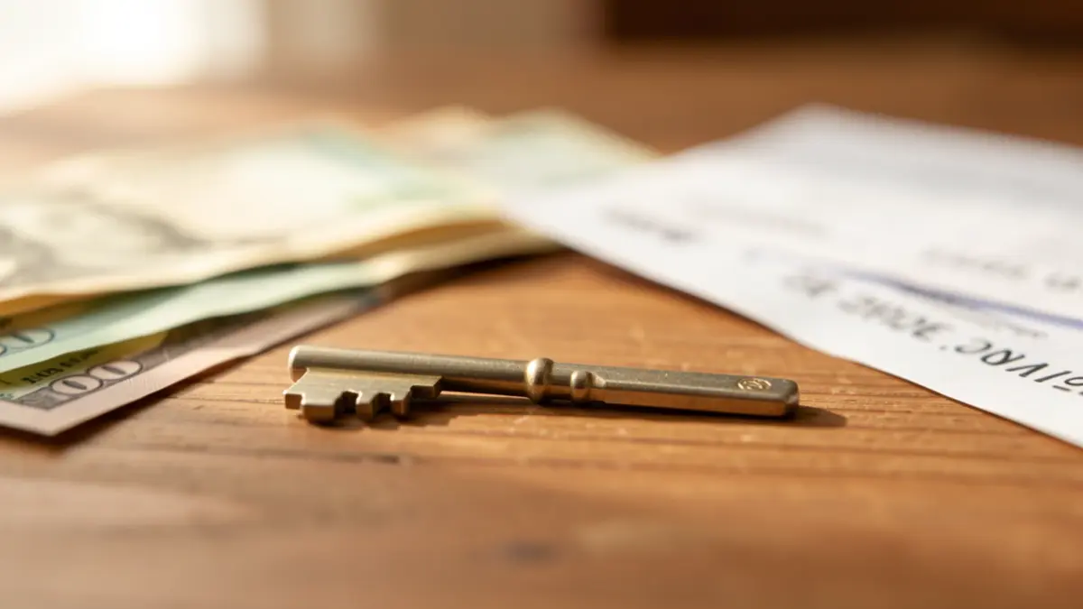 House key on a table with blurred bills and rent receipts.