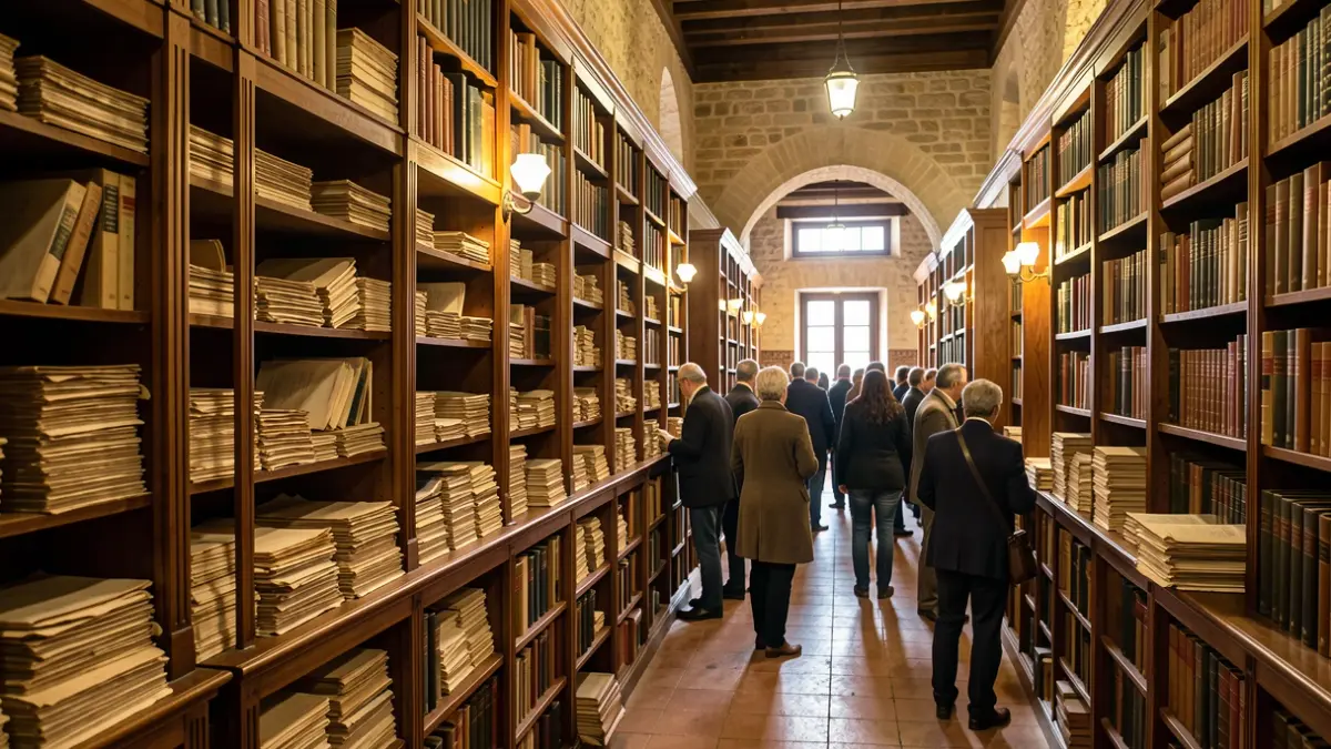 Generic image of the interior of an Andalusian historical archive with shelves of old documents.