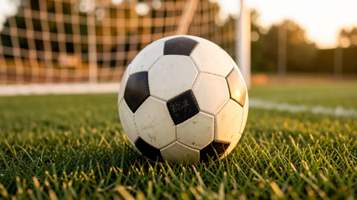 Generic image of a soccer ball on grass with the goal blurred at sunset.