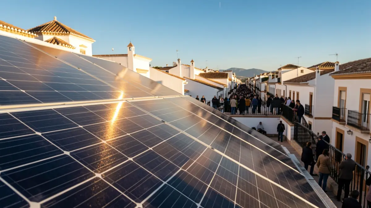 Solar panels on a rooftop in Sevilla with Andalusian architecture.