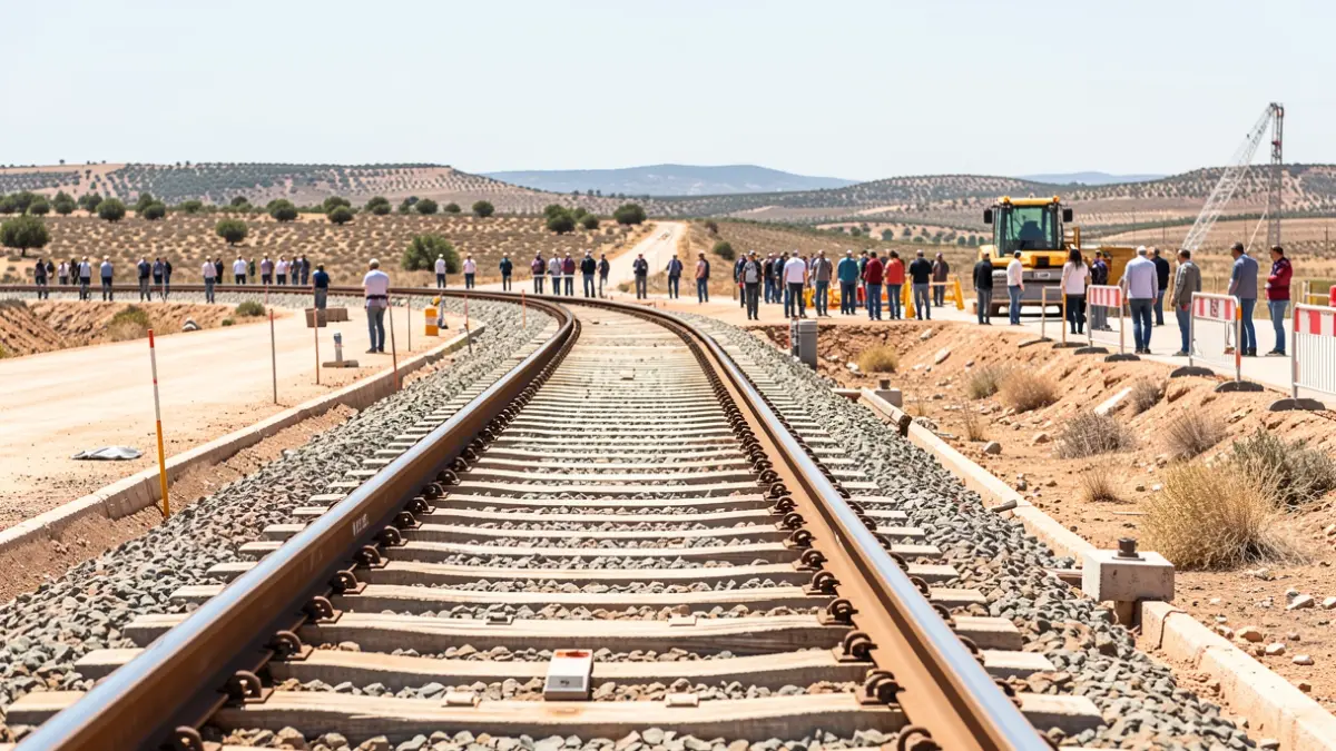 Imagen de las obras de alta velocidad en la provincia de Almería, con vías en construcción y paisaje árido.