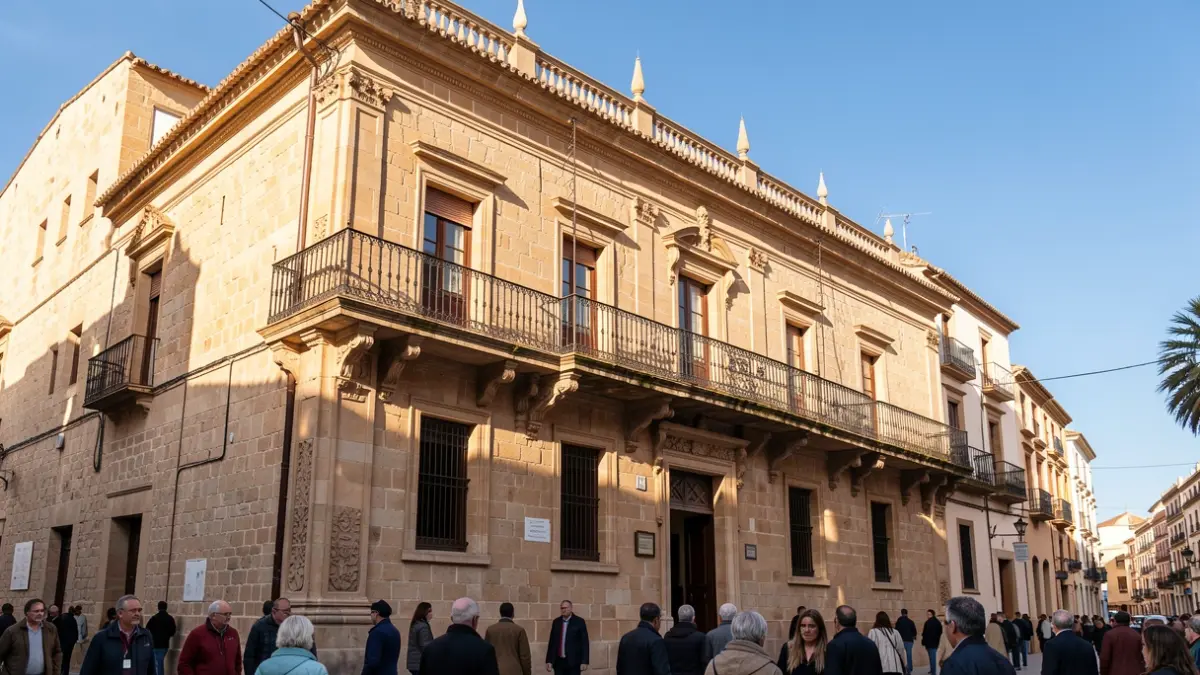 Fachada de piedra de un teatro histórico en Cádiz con balcones ornamentados bajo la luz del sol.