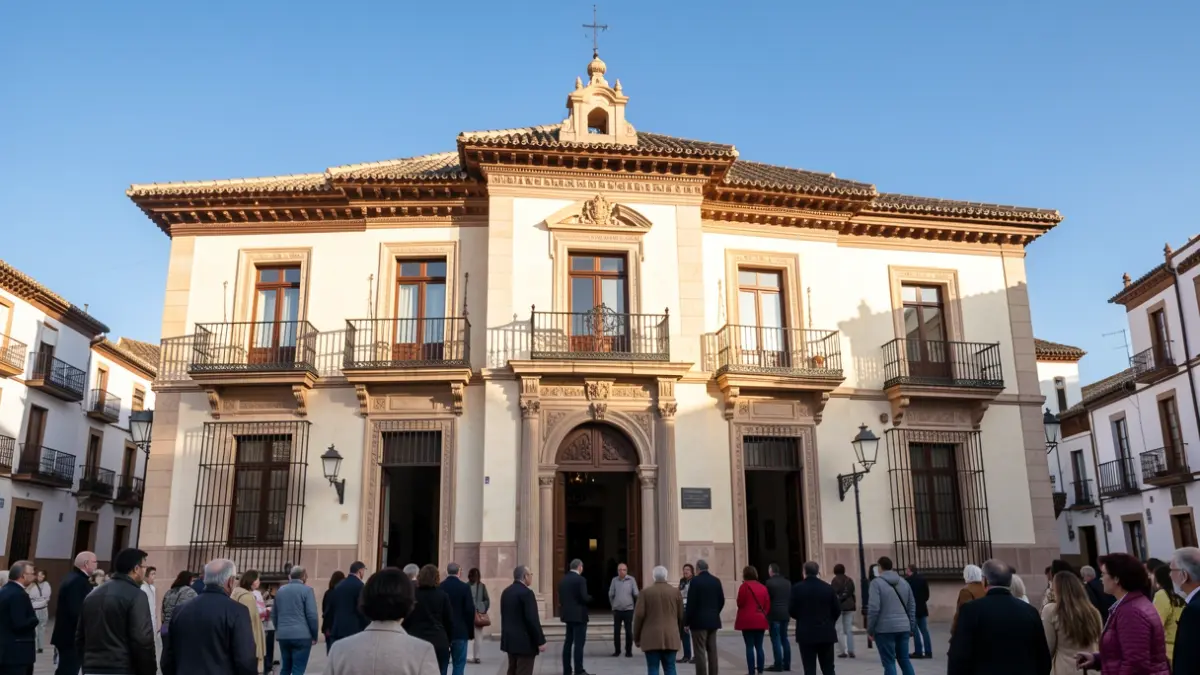 Facade of an Andalusian town hall with ornate balconies and iron railings, under warm afternoon light and blue sky.