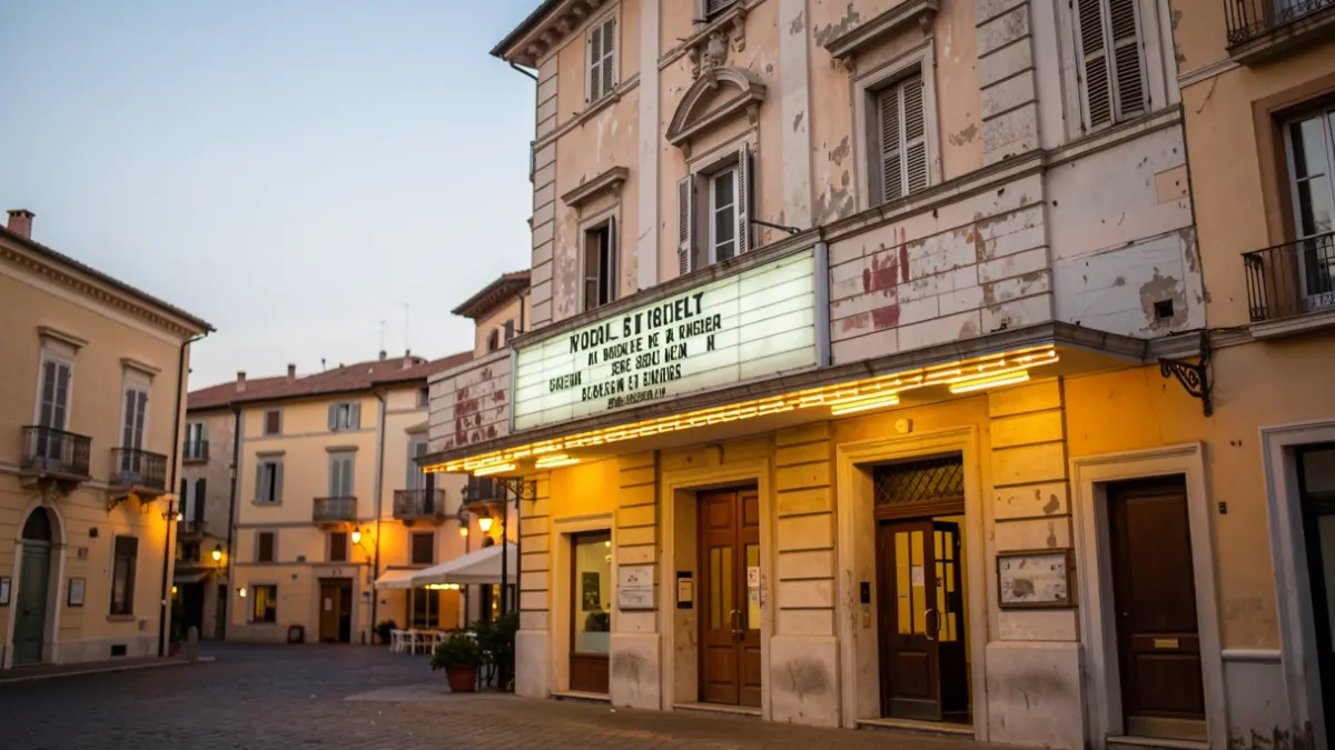 Fachada de un cine antiguo en una plaza de Andalucía al atardecer.
