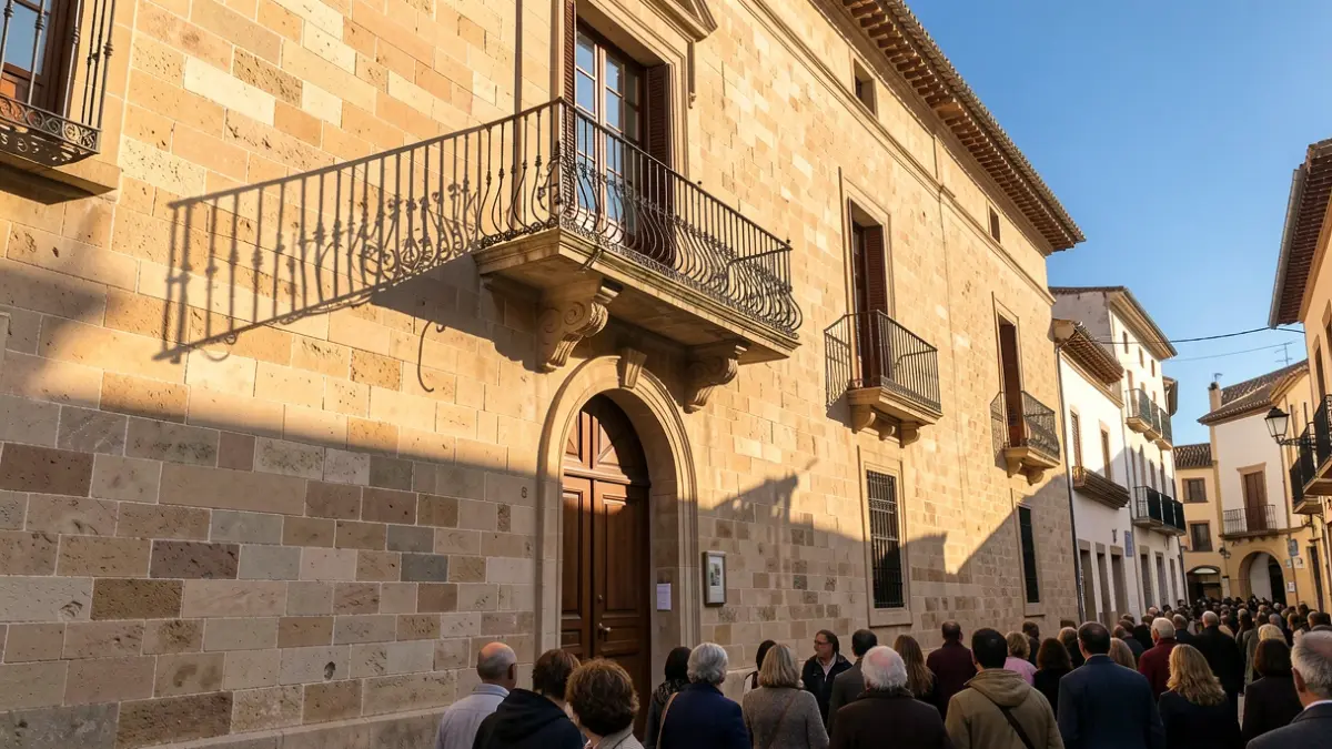 Stone facade of an Andalusian town hall with ornate balcony and iron railings, warm afternoon sunlight casting shadows on the sandstone walls, blue sky.