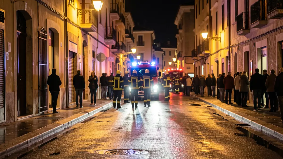 Image of emergency lights on a street in Malaga during security operations at a building.