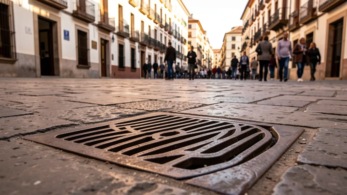 Generic image of a sewer grate in a stone-paved square in Seville.