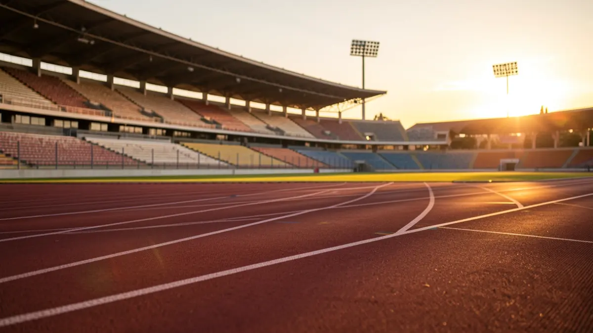 Pista de atletismo genérica en un estadio andaluz al atardecer.