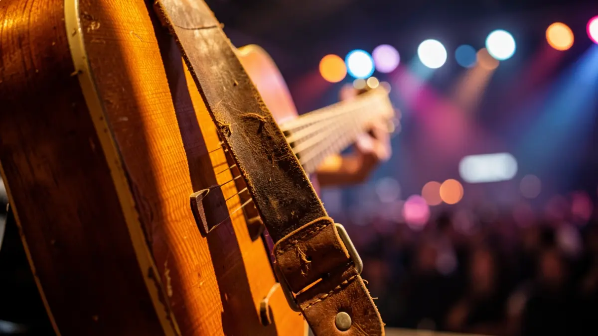 Close-up of a guitar with a worn leather strap, under warm stage lighting with blurred concert venue lights in the background.