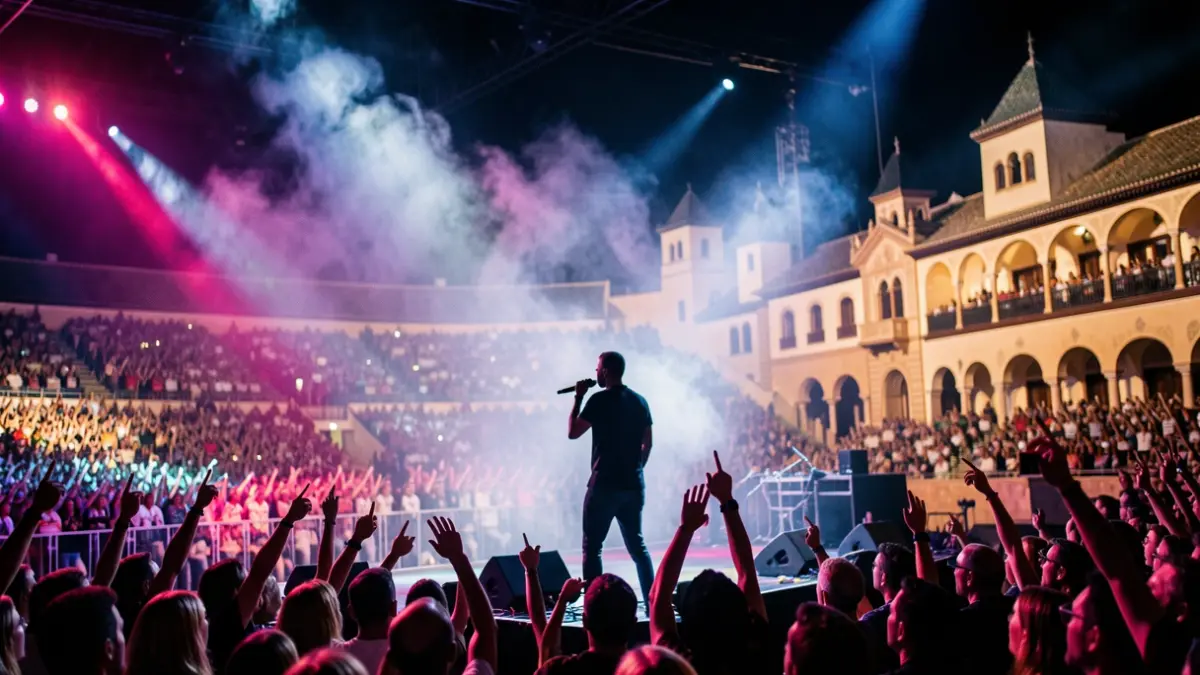 Generic image of a stadium concert with lights and a singer's silhouette.