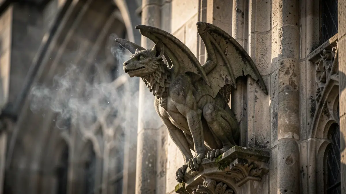 Close-up of a gargoyle on a cathedral facade with subtle smoke.
