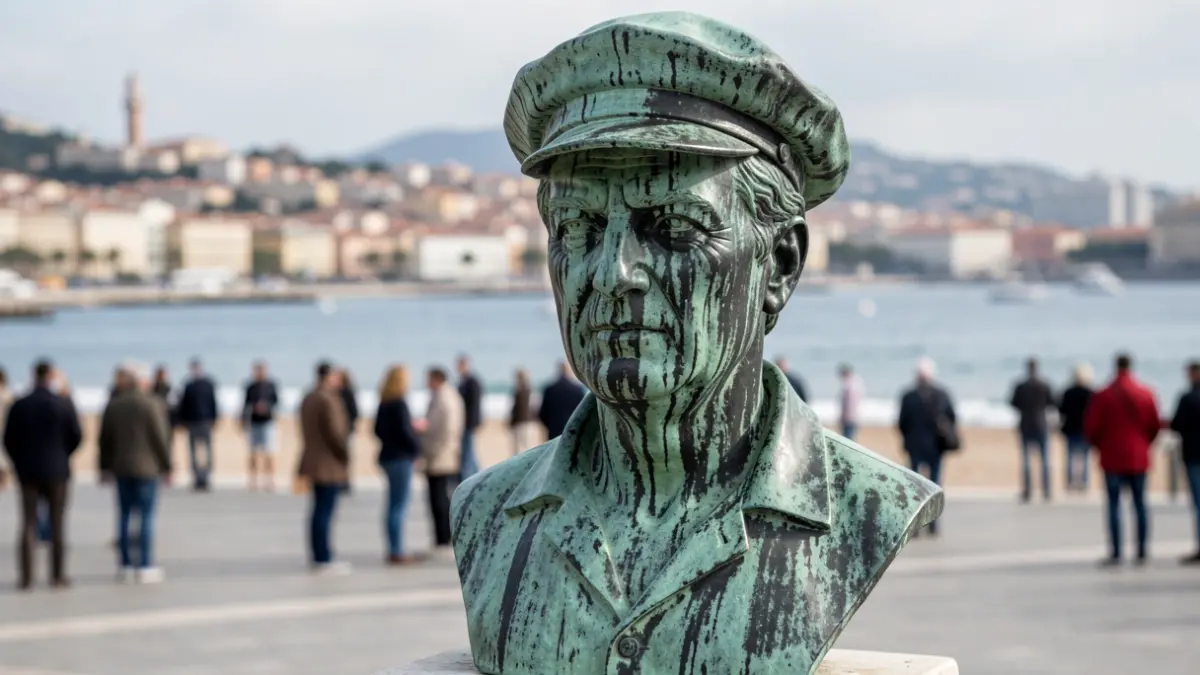 Busto de Paco Alba en mal estado, con excrementos de gaviota y verdín, frente a la playa de La Caleta en Cádiz.