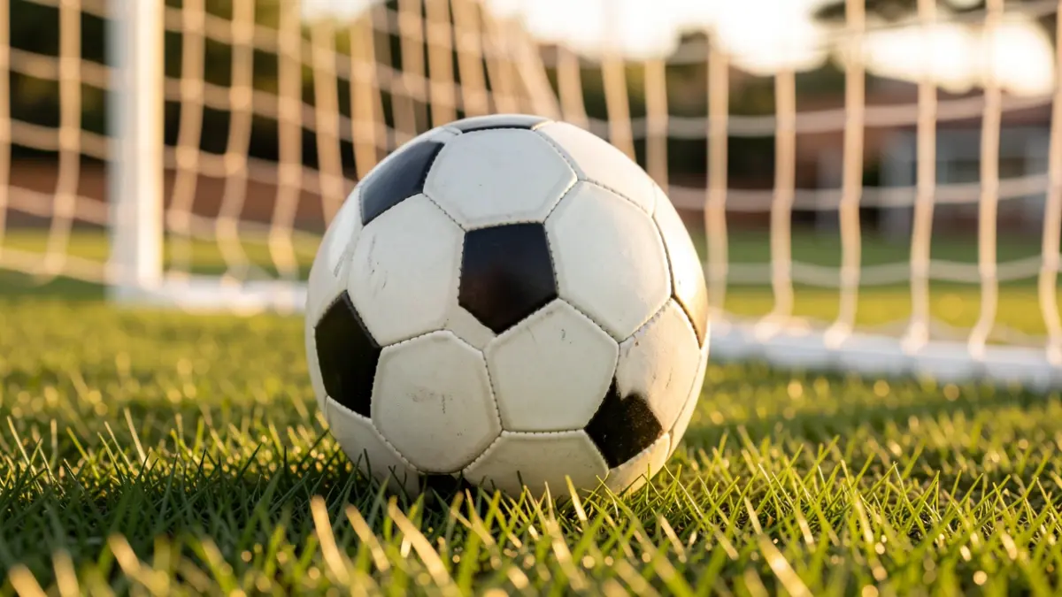 Imagen genérica de un balón de fútbol sobre césped con la portería desenfocada.