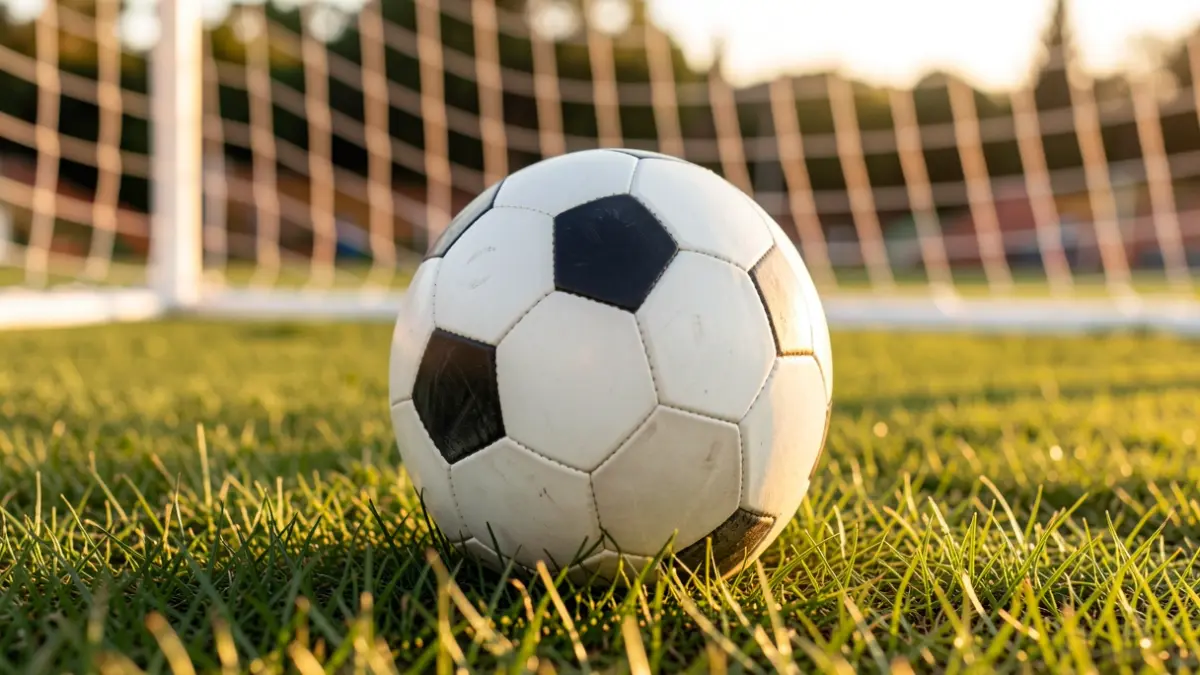 Imagen genérica de un balón de fútbol sobre césped con la portería desenfocada.