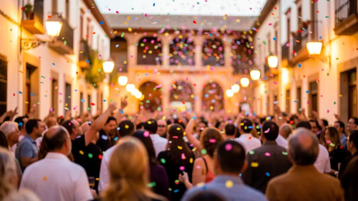 Generic image of a crowd celebrating a carnival with confetti and lights.