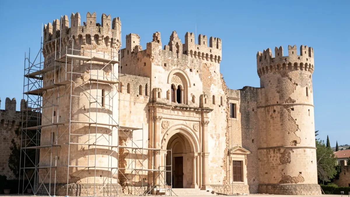 Fachada del Castillo de Burgalimar en Jaén, mostrando daños por borrascas y trabajos de restauración.