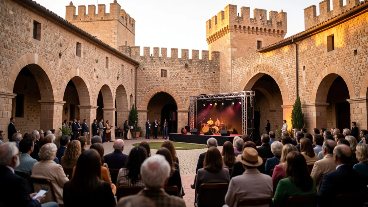 Imagen genérica del patio de un castillo medieval andaluz con un escenario preparado para un espectáculo.