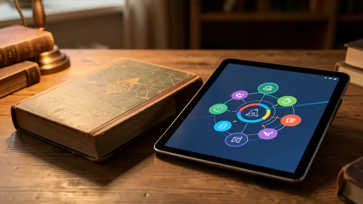 Imagen de un libro antiguo y una tablet con gráficos de aprendizaje, representando la evolución educativa.