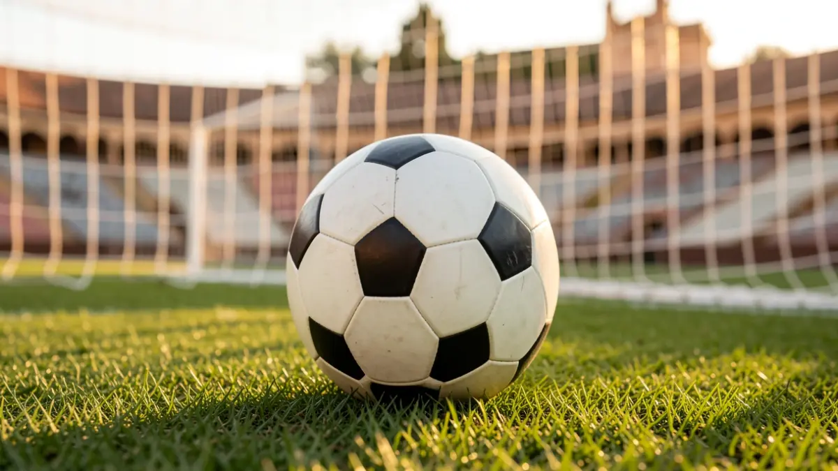 Generic image of a soccer ball on grass with a blurred goal net at sunset.